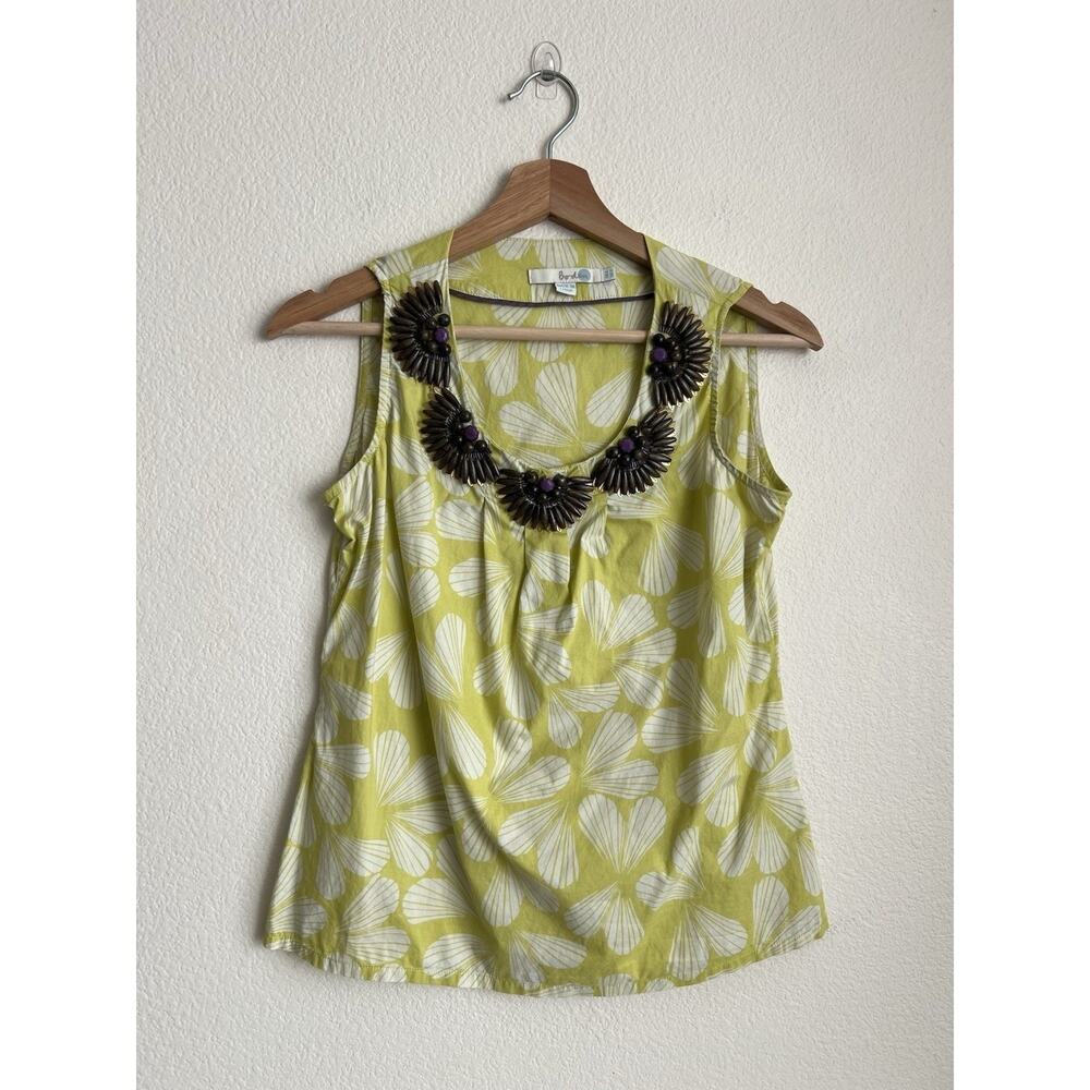 Boden blouse women 2 Beaded neckline Bright yellow green sleeveless cotton top